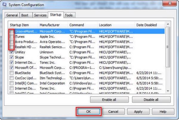 Bỏ tích các ứng dụng thì các bạn nhấn vào OK