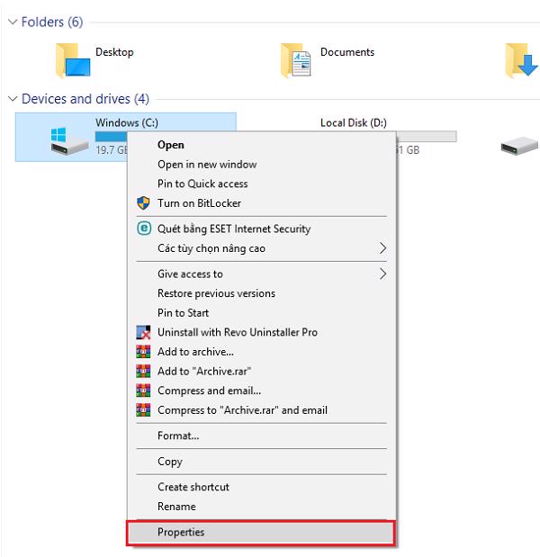Nhấp chuột phải vào ổ đĩa cứng -> chọn vào Properties