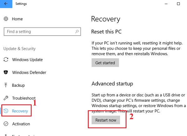 Windows + I -> Update & Security -> Recovery -> Advanced Start-up -> Restart now