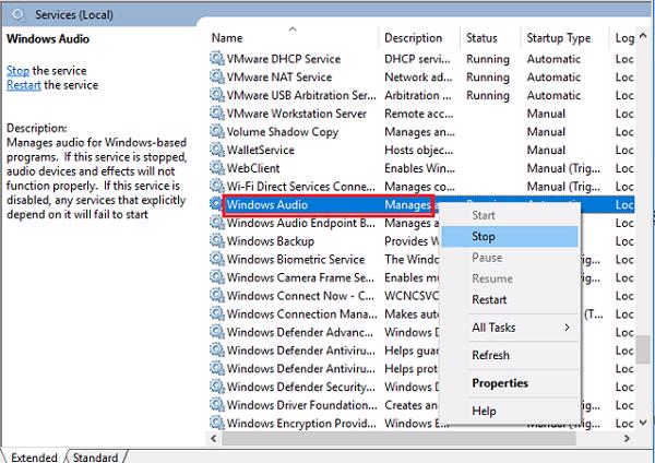 Tìm mục Windows Audio, khi tìm thấy nhấn chuột phải vào mục này và chọn vào Stop để ngừng Audio Services
