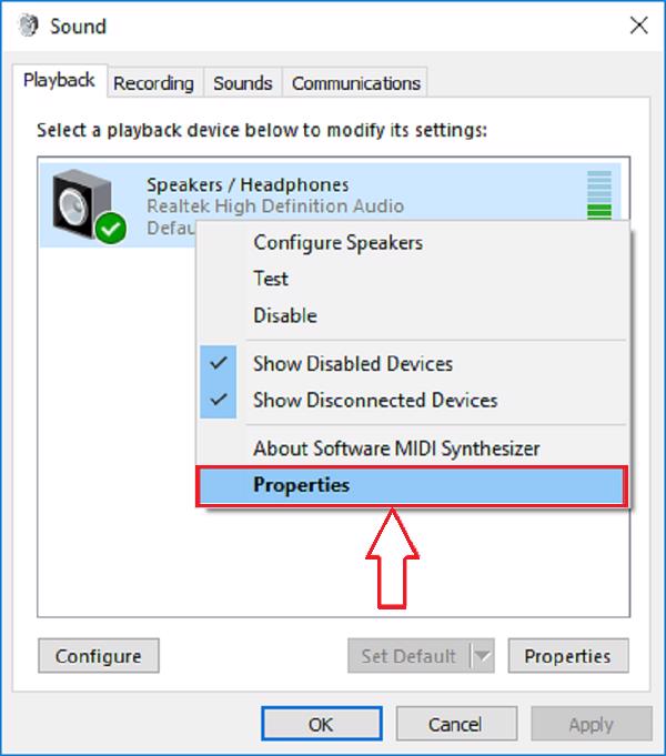 Chọn vào biểu tượng Loa -> Properties
