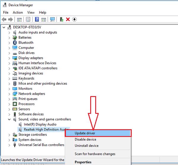 Chọn mục update driver software
