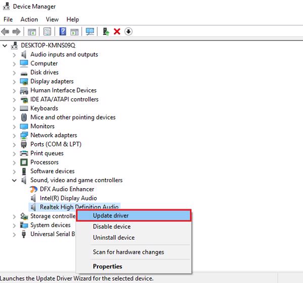 chọn vào Update driver