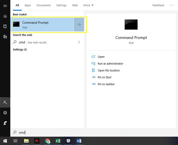 Nhập CMD vào thanh cửa sổ tìm kiếm