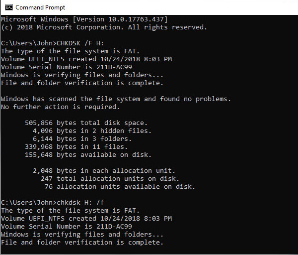 Nhập lệnh Chkdsk G: /F