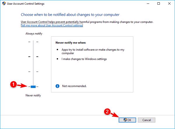 Di chuyển thanh trượt đến Never notify