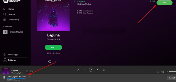 Quá trình Download nhạc trên tiện ích Spotify sẽ được thể hiện trên nút Download