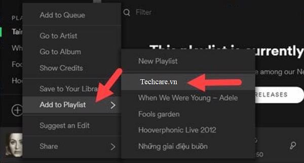 Chọn mục Add to Playlist -> Chọn Playlist Techcare