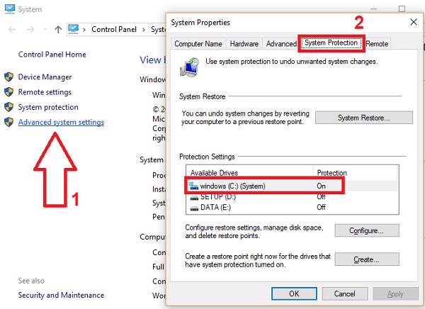 Advanced system settings -> System Protection