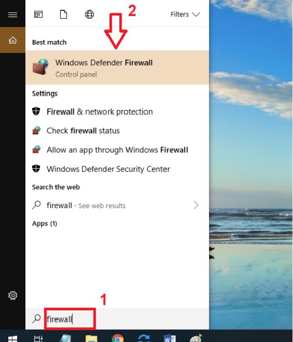 Windows + S -> sau đó tìm kiếm với từ khóa Firewall -> Windows Defender Firewall