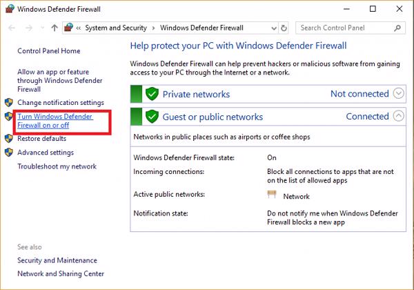 Nhấn chọn vào mục Turn Windows Firewall on or off