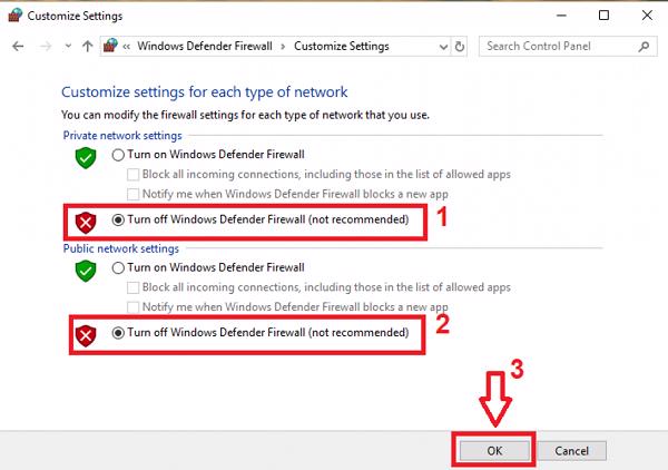 Chuyển Off cả hai tùy chọn mạng Public Network và Private -> OK.