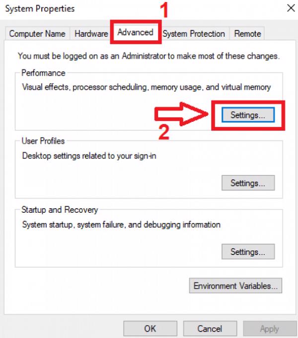 Chuyển sang tab Advanced -> Settings ở trong phần Performance
