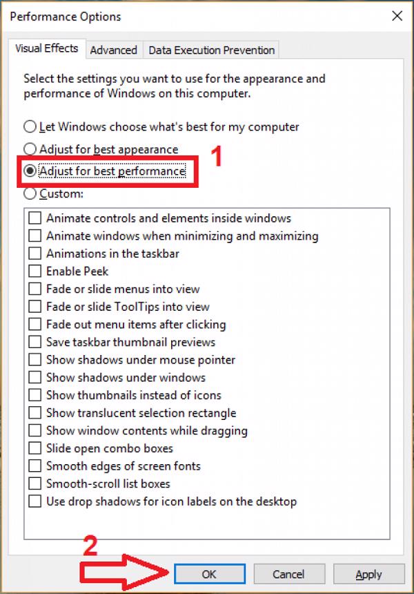 Chọn vào chế độ Adjust for best performance -> OK