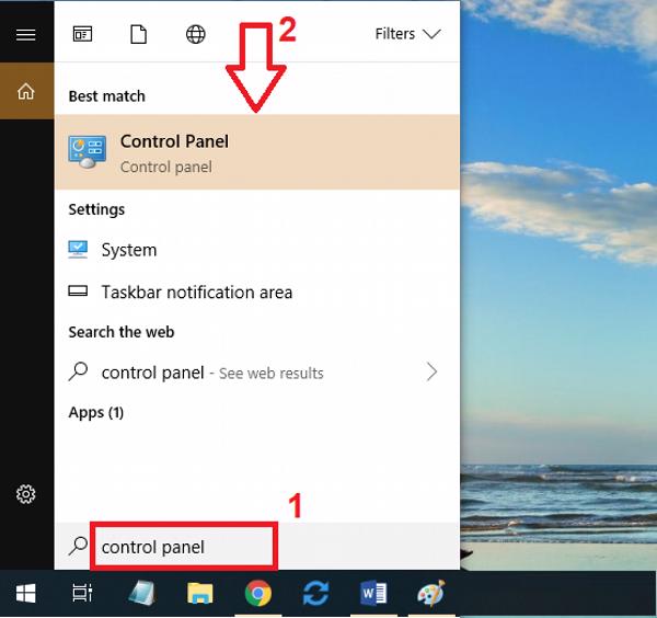 Vào Control Panel bằng cách tìm kiếm trên thanh menu Start