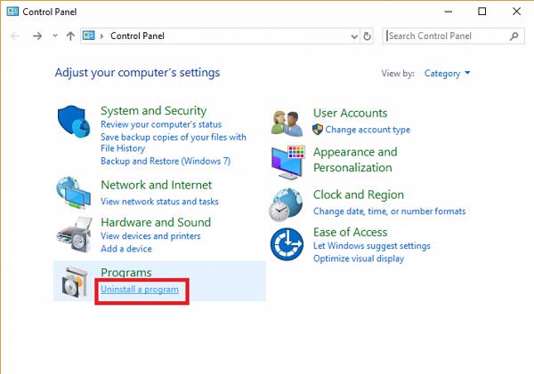 Nhấn vào Unistall a Programs