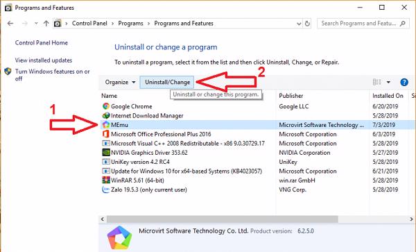 Nhấn chọn vào chương trình muốn gỡ cài đặt -> Uninstall/Change