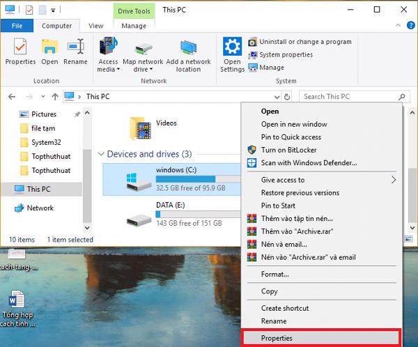 Nhấp chuột phải vào Local Disk (C:) -> Properties