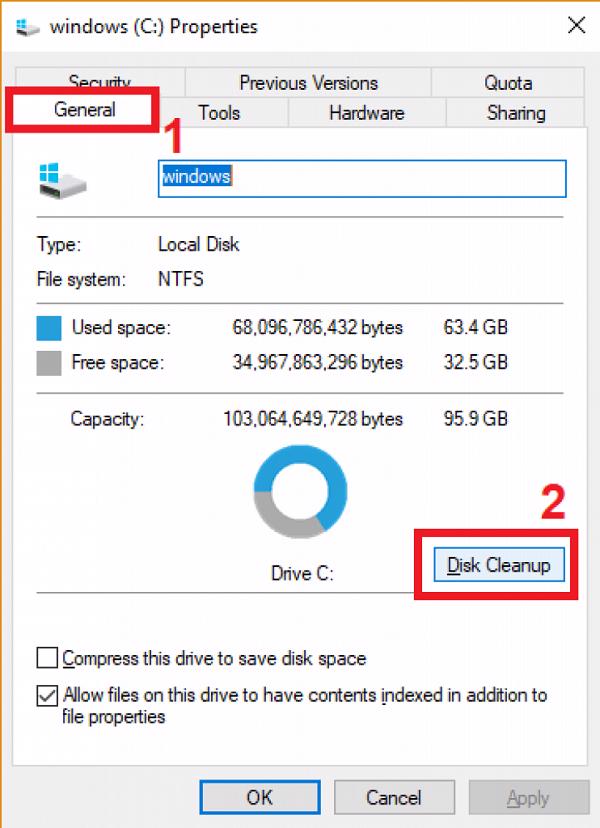 Chuyển sang tab General -> Disk Cleanup ở trong phần Capacity