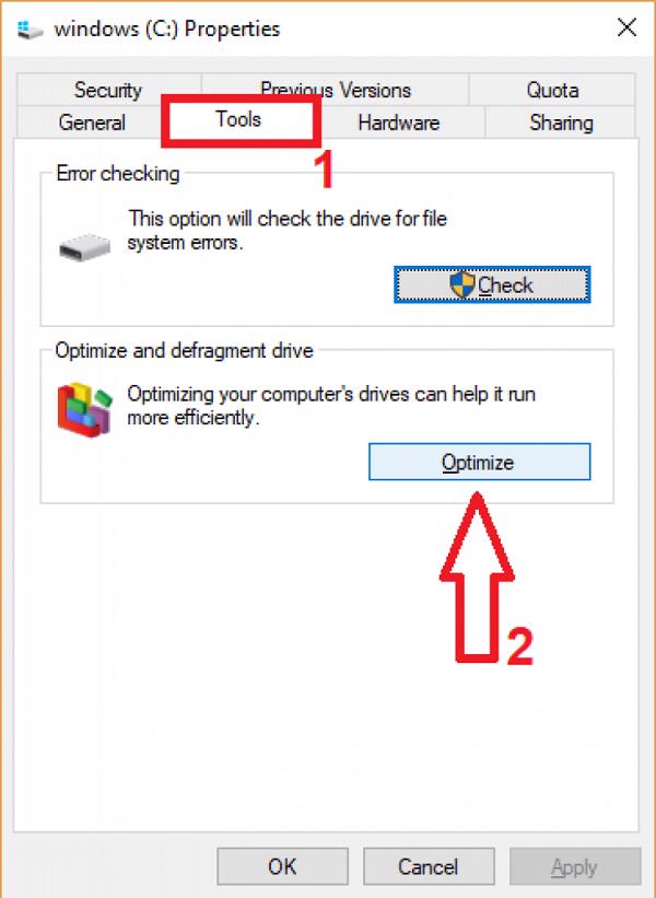 Tab Tools -> Optimize ở trong mục Optimize and defragment drive