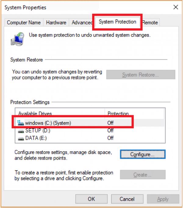 Kiểm tra lại tab System Protection và sẽ thấy ổ C ở chế độ Off là OK