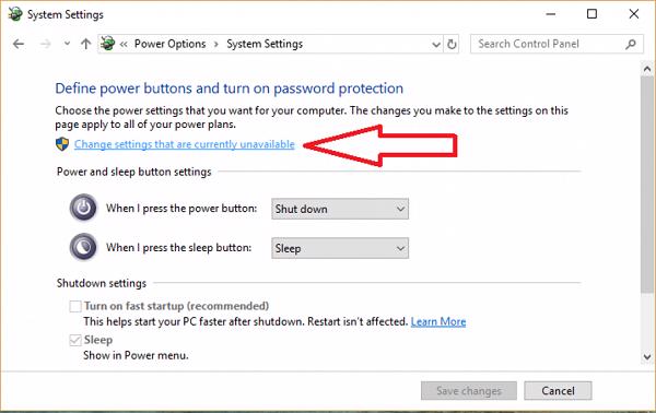 Nhấn vào mục Change settings that are currently unavailable