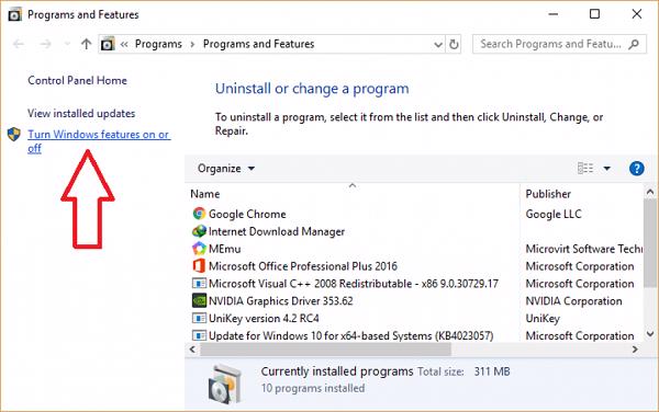 Nhấn chọn vào Turn Windows features on or off