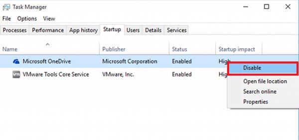Nhấn chuột phải vào OneDrive và chọn mục Disable