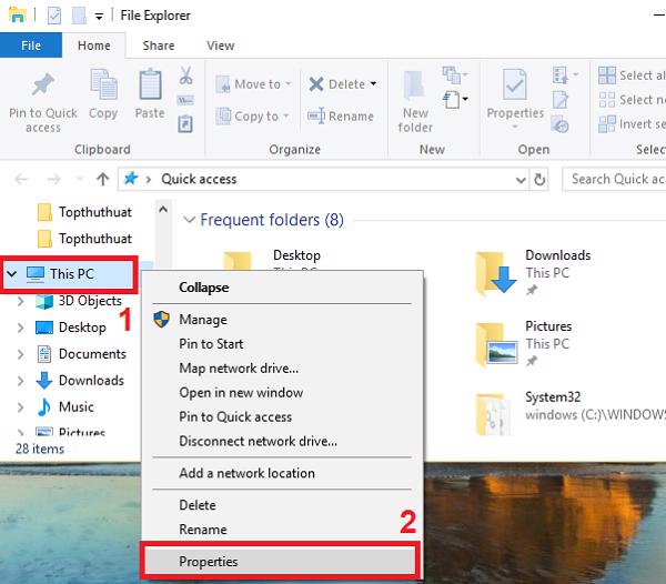 Windows + E -> nhấn chuột phải lên This PC -> Properties