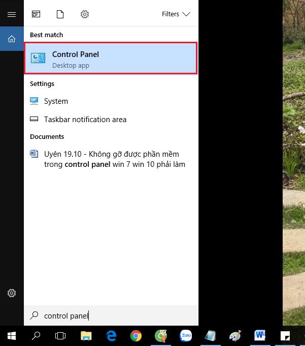 Gõ chữ Control Panel trên thanh tìm kiếm Menu Start