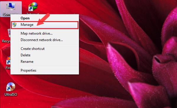 Nhấn chuột phải vào biểu tượng Computer -> Manage