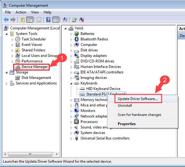 Device Manager -> Keyboard -> Standard PS/2 Keyboard -> Update Driver Software
