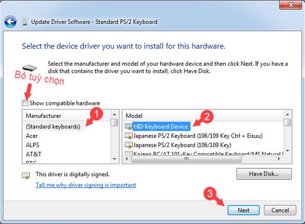 Bỏ tuỳ chọn mục Show compatible hardware