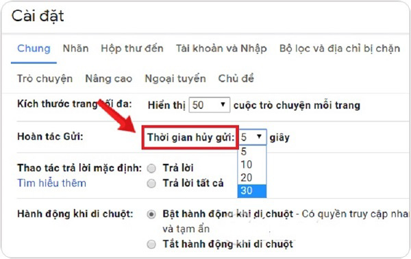 Thời gian hủy gửi (Send cancellation period)