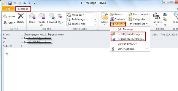 Trong Message chọn vào Actions