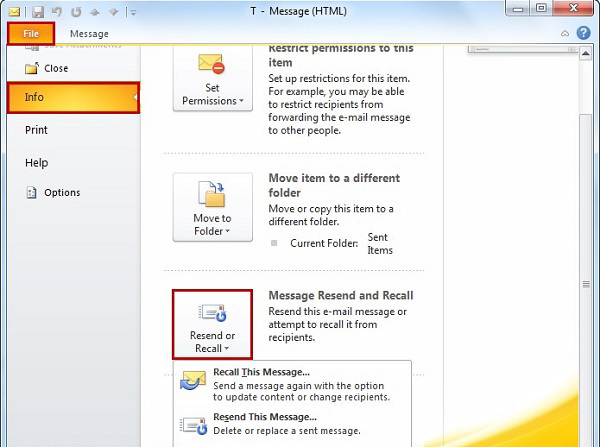 Chọn vào File -> tiếp đến chọn vào Info -> tiếp theo chọn vào Resend or Recall