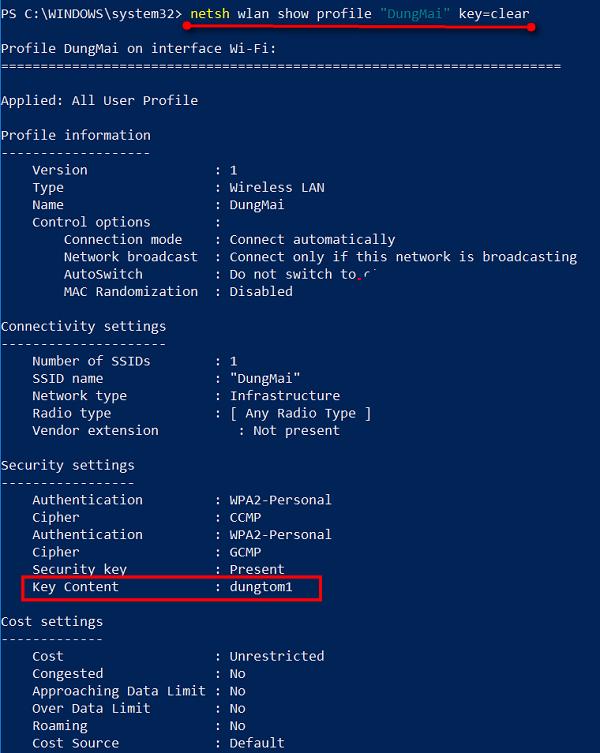 Nhập lệnh netsh wlan show profile tên-mạng-muốn-xem key=clear