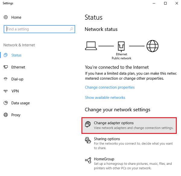 Chọn vào Change adapter options