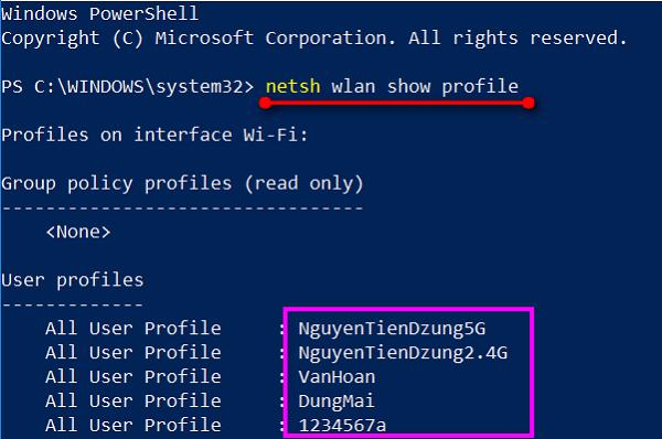 Nhập lệnh netsh wlan show profile nhấn vào Enter