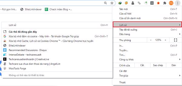 Mở trình duyệt web Google Chrome, sau đó vào thanh menu và chọn vào mục History