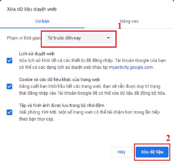 Nhấn vào nút Clear Data