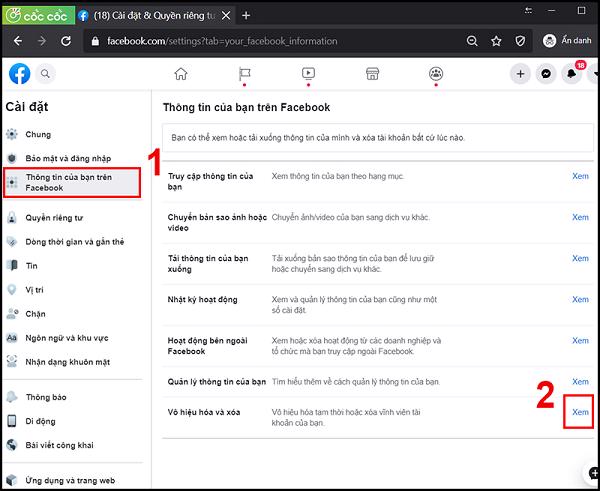 Thông tin của bạn trên Facebook -> Xóa tài khoản và thông tin của bạn