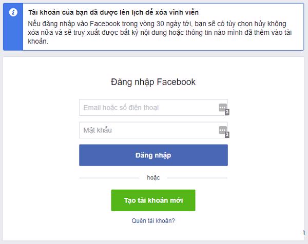 Lúc này tài khoản của bạn sẽ tự động đăng xuất và lên lịch xóa sau 30 ngày