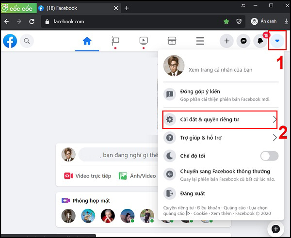 hấn mũi tên xổ xuống ở ngay góc trên cùng bên phải của cửa sổ Facebook, sau đó chọn vào Cài đặt