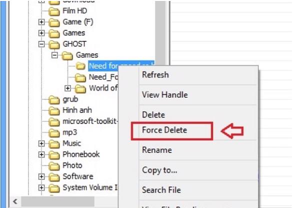 Nhấn chuột phải chọn tiếp vào Force Delete