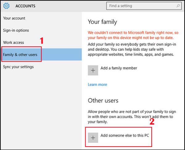 Chọn vào Family and other users -> chọn tiếp vào Add someone else to this PC