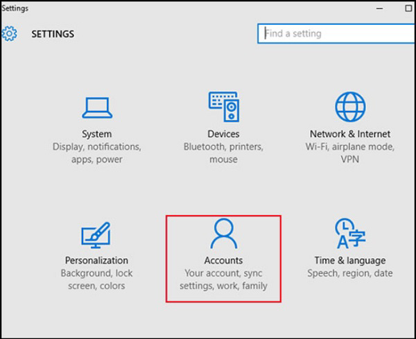 Windows + I -> Settings -> Account