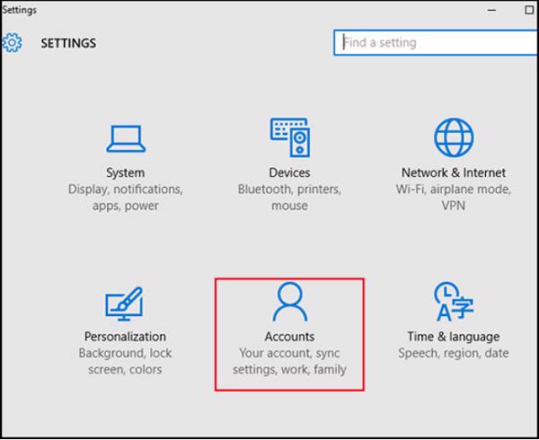 Vào giao diện Settings bằng cách sử dụng tổ hợp phím Windows + I, sau đó các bạn chọn vào Account