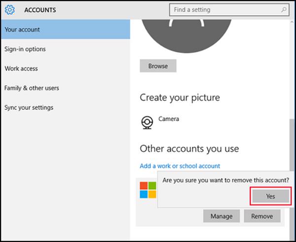 Nhấn vào Yes để đồng ý xóa tài khoản microsoft trên win 10 khỏi máy tính