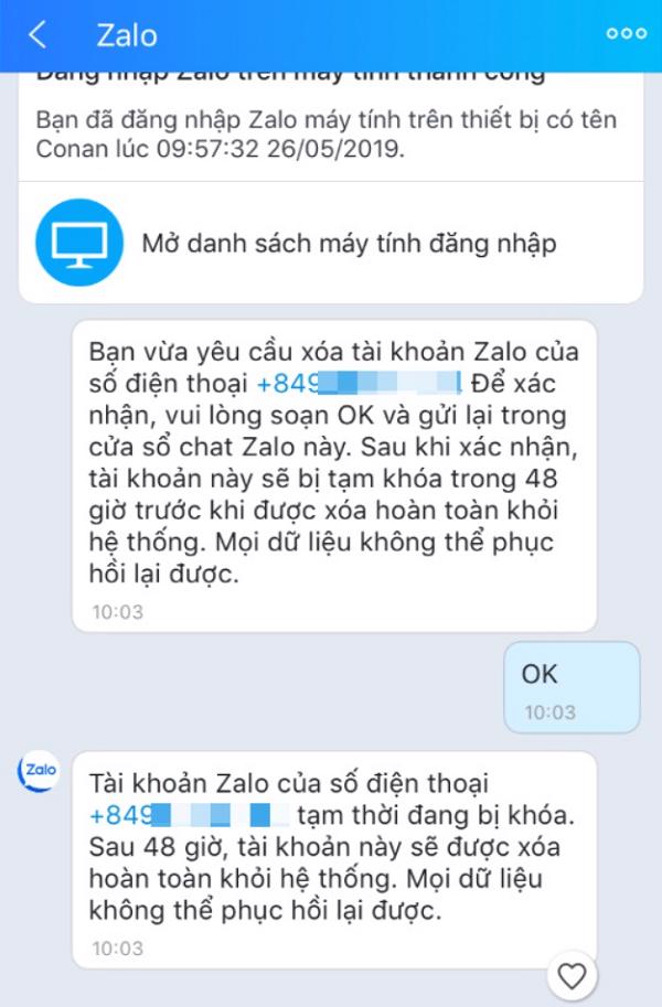 Nhấn vào OK để xác nhận xóa tài khoản
